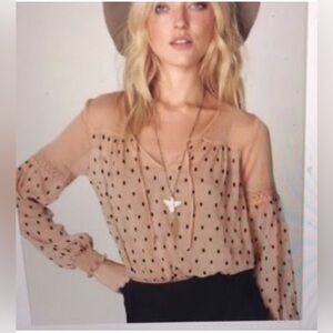 Free People Blouse Women's Pink Black Polka Dot Long Sleeve V Neck Tie Sheer Sm